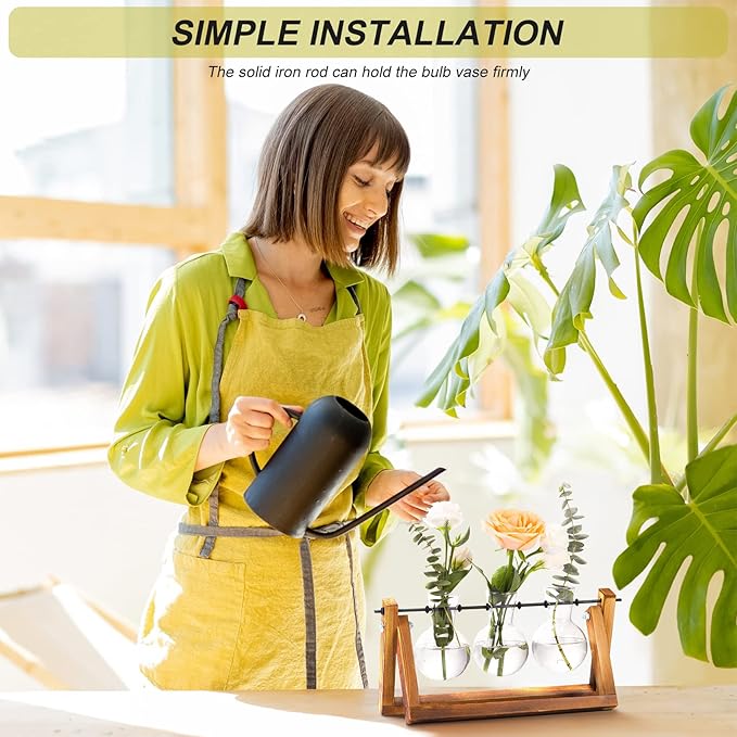 FLOWER Plant Terrarium with Wooden Stand, Air Planter Bulb Glass Vase Metal Swivel Holder Retro Tabletop for Hydroponics Home Garden Office Decoration - 3 Bulb Vase