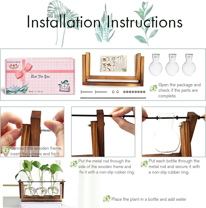 FLOWER Plant Terrarium with Wooden Stand, Air Planter Bulb Glass Vase Metal Swivel Holder Retro Tabletop for Hydroponics Home Garden Office Decoration - 3 Bulb Vase