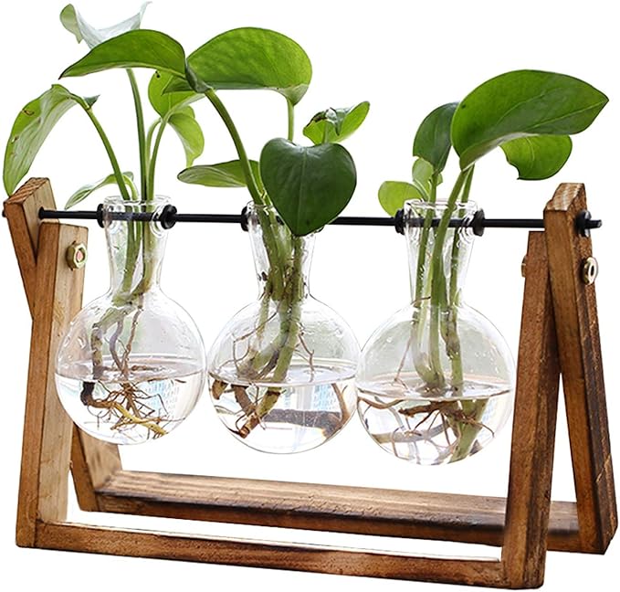 FLOWER Plant Terrarium with Wooden Stand, Air Planter Bulb Glass Vase Metal Swivel Holder Retro Tabletop for Hydroponics Home Garden Office Decoration - 3 Bulb Vase