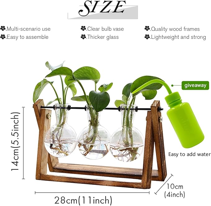 FLOWER Plant Terrarium with Wooden Stand, Air Planter Bulb Glass Vase Metal Swivel Holder Retro Tabletop for Hydroponics Home Garden Office Decoration - 3 Bulb Vase